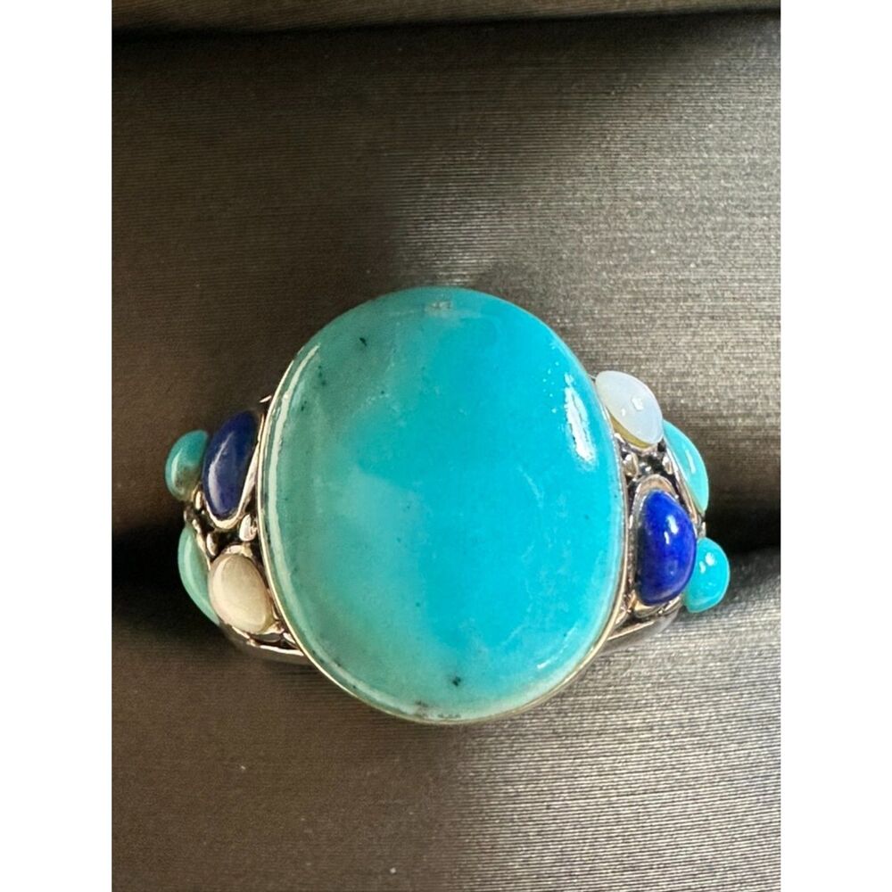 Beautiful Artisan Turquoise Lapis Mother of Pearl Sterling Silver Ring, Size 6 - Picture 2 of 10